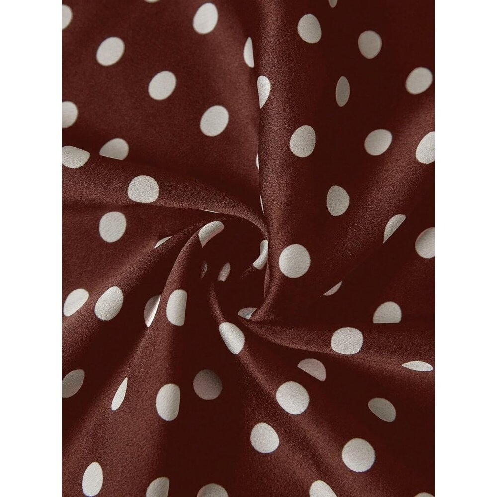 Women's Brown Waisted Long Silky Polka Dots A Line Flowing Elegant Midi Skirt - Picture 6 of 6